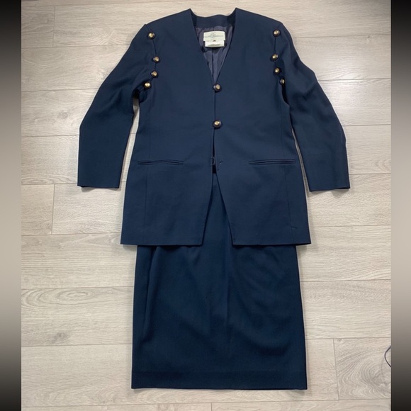Pierre Balmain Vintage Navy Blue Wool Blazer Skirt Set - Picture 1 of 16
